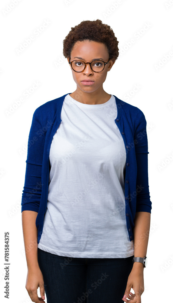 Fototapeta premium Young beautiful african american woman wearing glasses over isolated background skeptic and nervous, frowning upset because of problem. Negative person.
