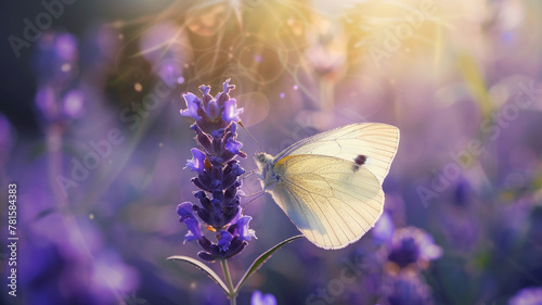 Detail of a butterfly delicately perched on a purple flower, its wings shimmering in the sunlight, radiating natural beauty.