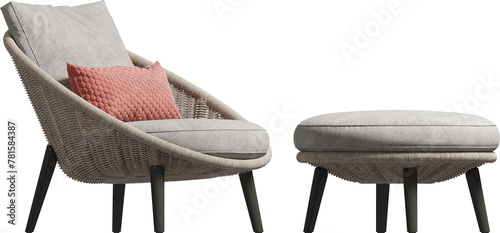 Side view of outdoor cord lounge armchair with ottoman