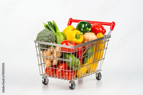 A shopping cart full of vegetables and fruits