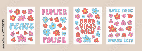 Retro groovy cartoon hippie cards set. Trippy poster with psychedelic flowers, quotes for print. Flower power. Love more worry less. Good vibes only