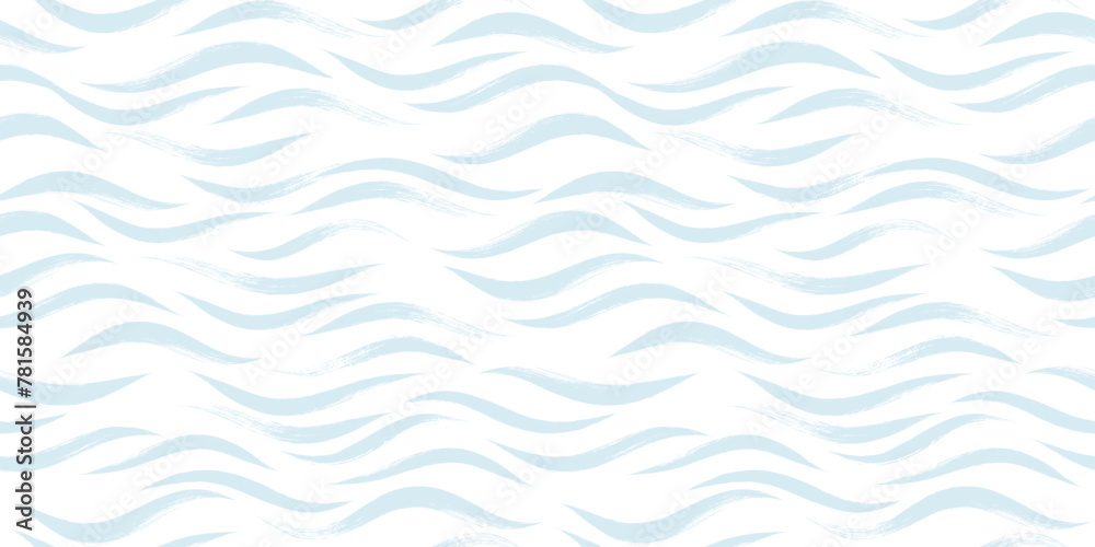 Seamless Wave Pattern, water sea modern vector background. Wavy beach brush stroke, curly grunge paint lines, watercolor illustration