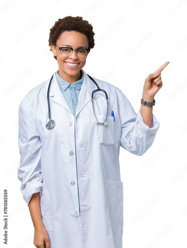 Young african american doctor woman wearing medical coat over isolated background with a big smile on face, pointing with hand and finger to the side looking at the camera. Young african american doctor woman wearing medical coat over isolated background with a big smile on face, pointing with hand and finger to the side looking at the camera.