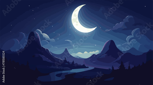 Moon in the night Crescent moon 2d flat cartoon vac © zoni