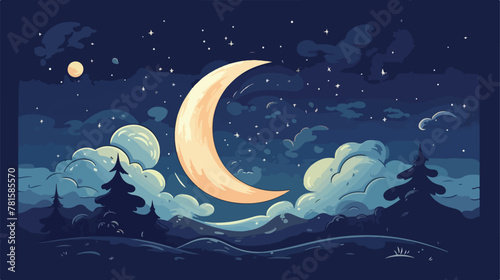 Moon in the night Crescent moon 2d flat cartoon vac