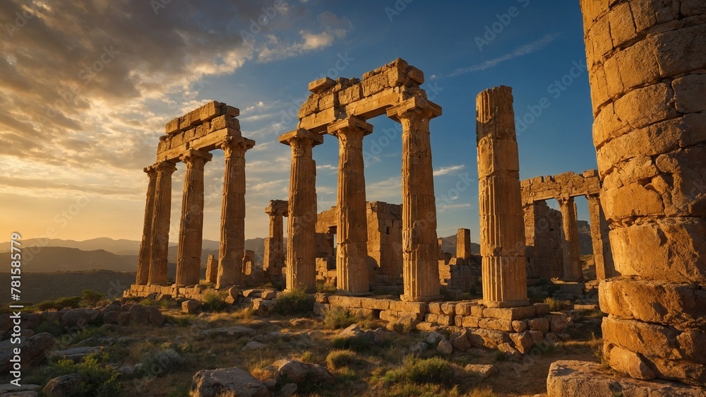 Ancient stone columns, standing tall, majestic, illuminated by golden hues of setting sun. Ruins, remnants of once grand structure, surrounded by rugged landscape dotted with rocks, sparse vegetation.