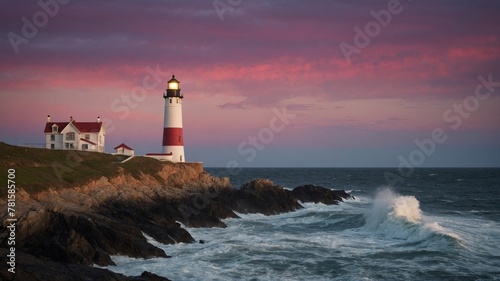 Lighthouse, with its light on, stands majestically atop rocky cliff, overlooking tumultuous sea waves crashing against rocks. Sky, painted with hues of pink, purple from setting sun.