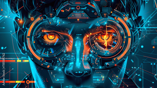 A futuristic explorer graphical vector face with high-tech gadgets and exploratory gear, venturing into uncharted territories with curiosity and courage. photo