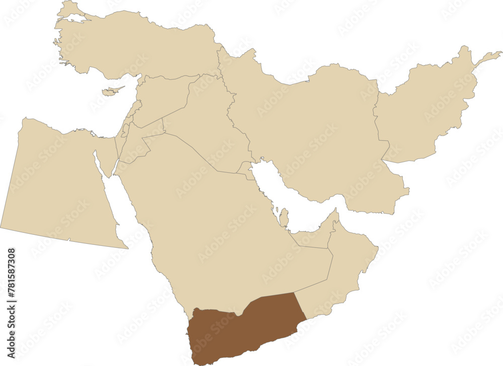 Dark brown detailed blank political map of YEMEN with black borders on transparent background using orthographic projection of the light brown Middle East