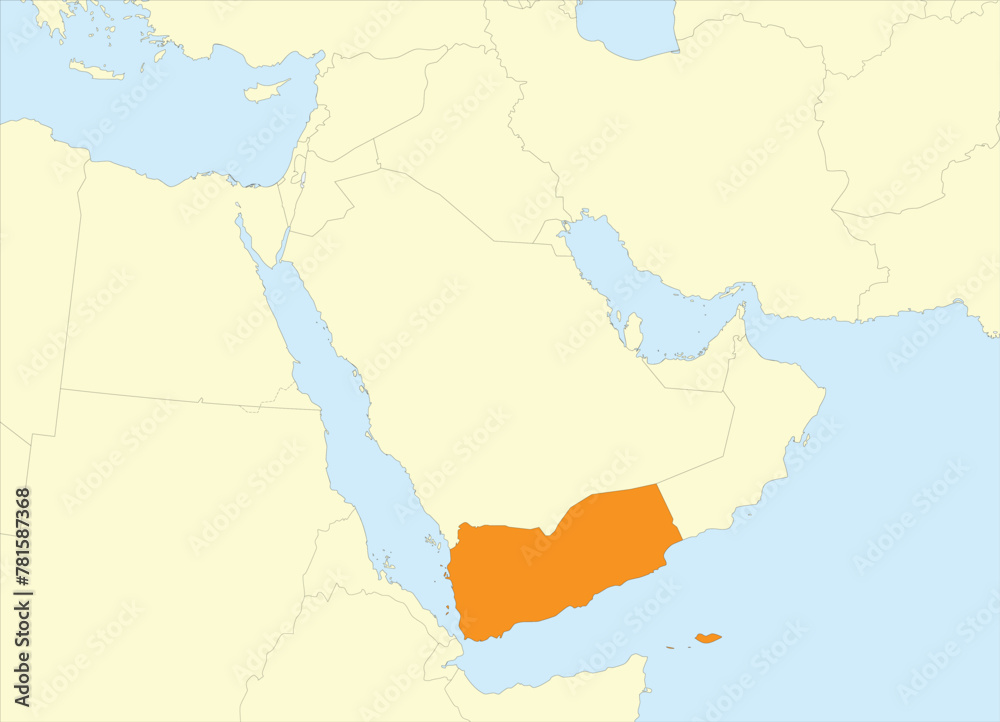Obraz premium Orange detailed blank political map of YEMEN with black borders on beige continent background and blue sea surfaces using orthographic projection of the Middle East