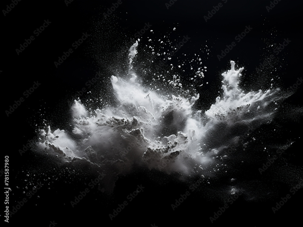 Motion freeze reveals white particles in powder explosion - obrazy, fototapety, plakaty 