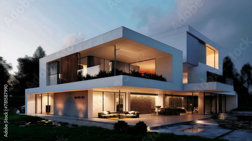 Modern house with large windows and terrace, exterior view of wh © Darko