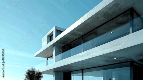 Modern concrete house with a glass balcony, an exterior view, da © Darko