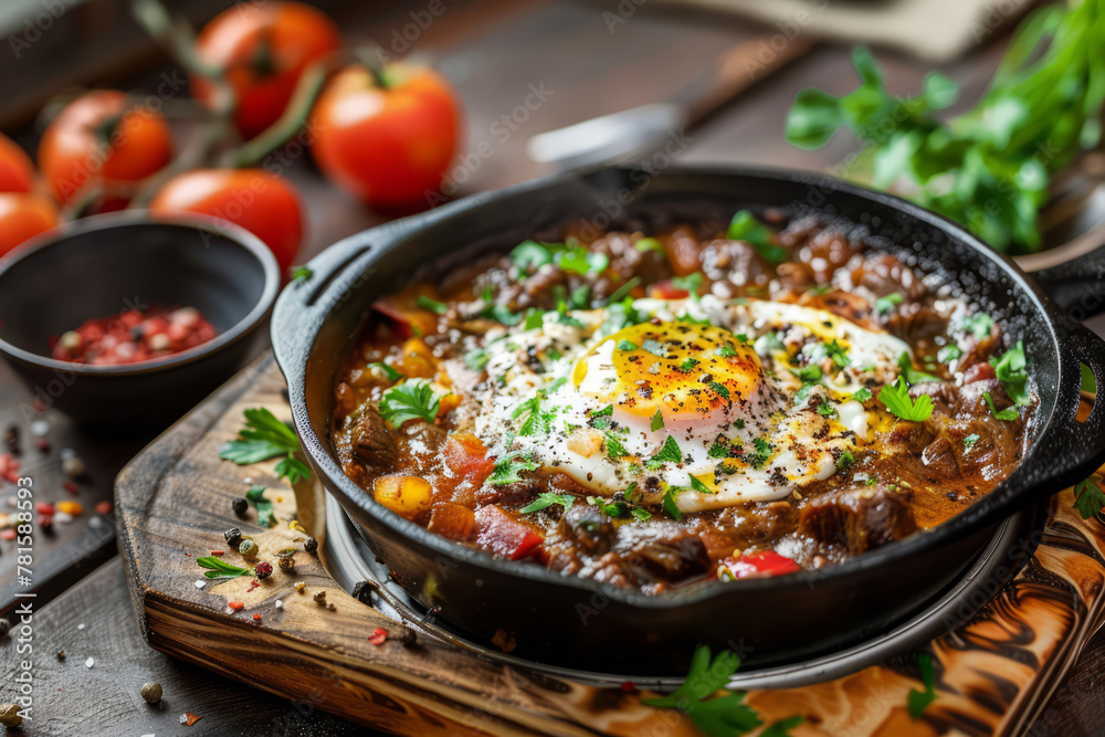 Shakshuka and grilled beef steak. Eggs poached in tomato pepper sauce. Generative AI Shakshuka and grilled beef steak. Eggs poached in tomato pepper sauce. Generative AI