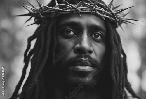 Portrait of black Jesus Christ with crown of thorns on his head Black and white photorealistic portrait