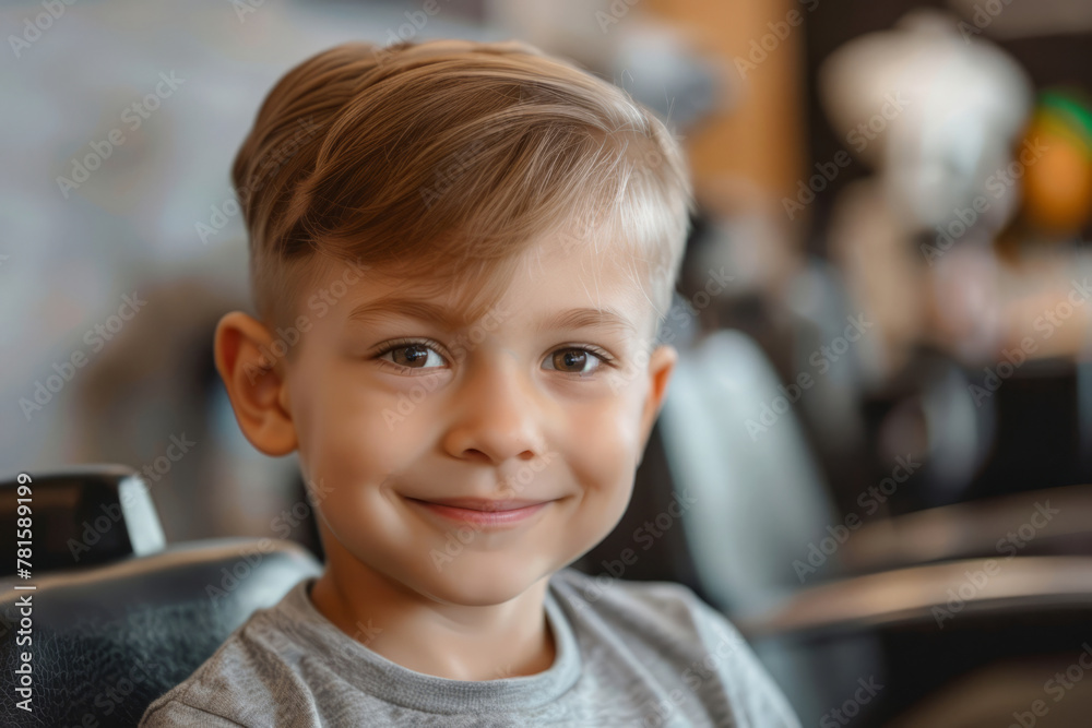Boy sitting in hairdressing salon in chair with beautiful haircut. Generative AI Boy sitting in hairdressing salon in chair with beautiful haircut. Generative AI