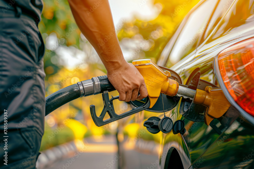 Hand refilling the car with fuel at the refuel station. Generative AI