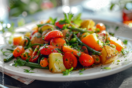 Roasted vegetables with carrots, tomatoes, green beans and potatoes. Generative AI