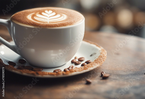 Cup of cappuccino with decoration in cream close up Start day with coffee