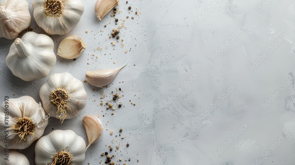 Fototapeta premium Fresh garlic bulbs scattered on a light grey surface.