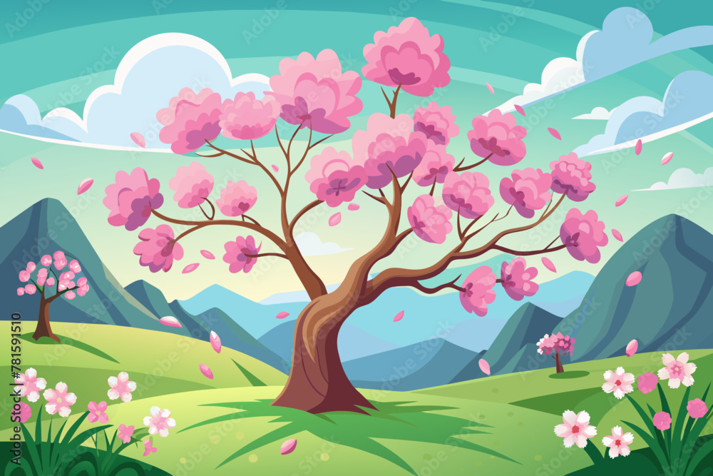 Spring nature scene with a pink blooming tree Symbolizing the beauty and renewal associated with Easter Spring nature scene with a pink blooming tree Symbolizing the beauty and renewal associated with Easter