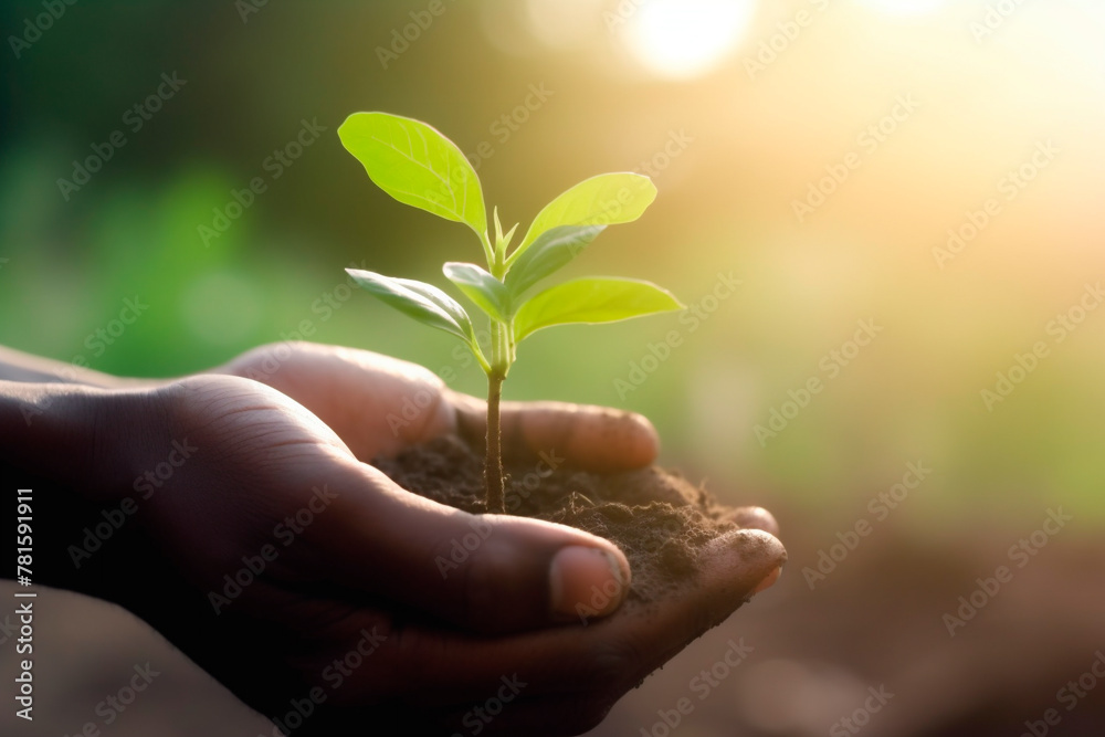 Hands holding young plant in sunshine and green background at sunset. Environment conservation, reforestation, climate change. Generative AI. Hands holding young plant in sunshine and green background at sunset. Environment conservation, reforestation, climate change. Generative AI.