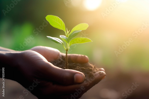 Hands holding young plant in sunshine and green background at sunset. Environment conservation, reforestation, climate change. Generative AI. © JoseLuis
