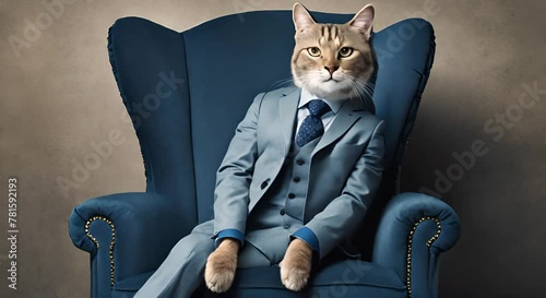A humorous image featuring a digitally altered photo of a cat dressed in a sophisticated blue business suit sitting on a chair exuding confidence photo
