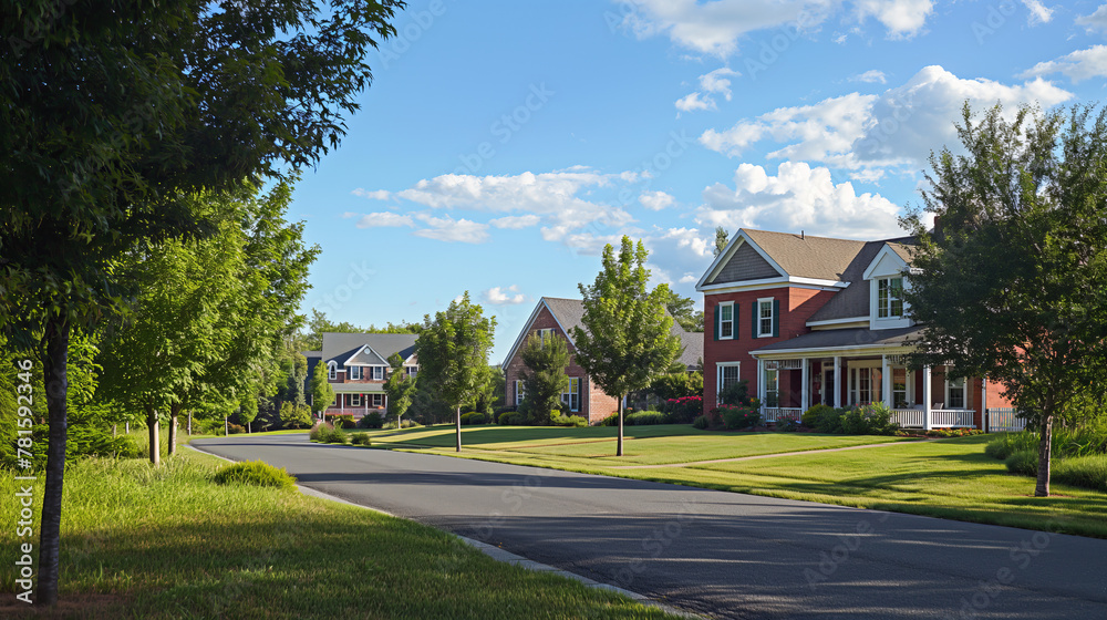 A residential street lined with elegant homes and manicured lawns under a clear blue sky, suggesting affluence and community A residential street lined with elegant homes and manicured lawns under a clear blue sky, suggesting affluence and community