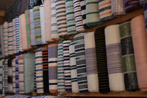 an exhibition selling cotton strips in a shop on the square in Ouagadougou Burkina Faso West Africa