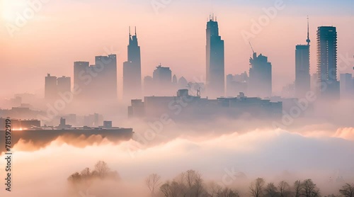 Smog-filled city skyline showcasing air pollutions impact on urban areas in sunrise time photo