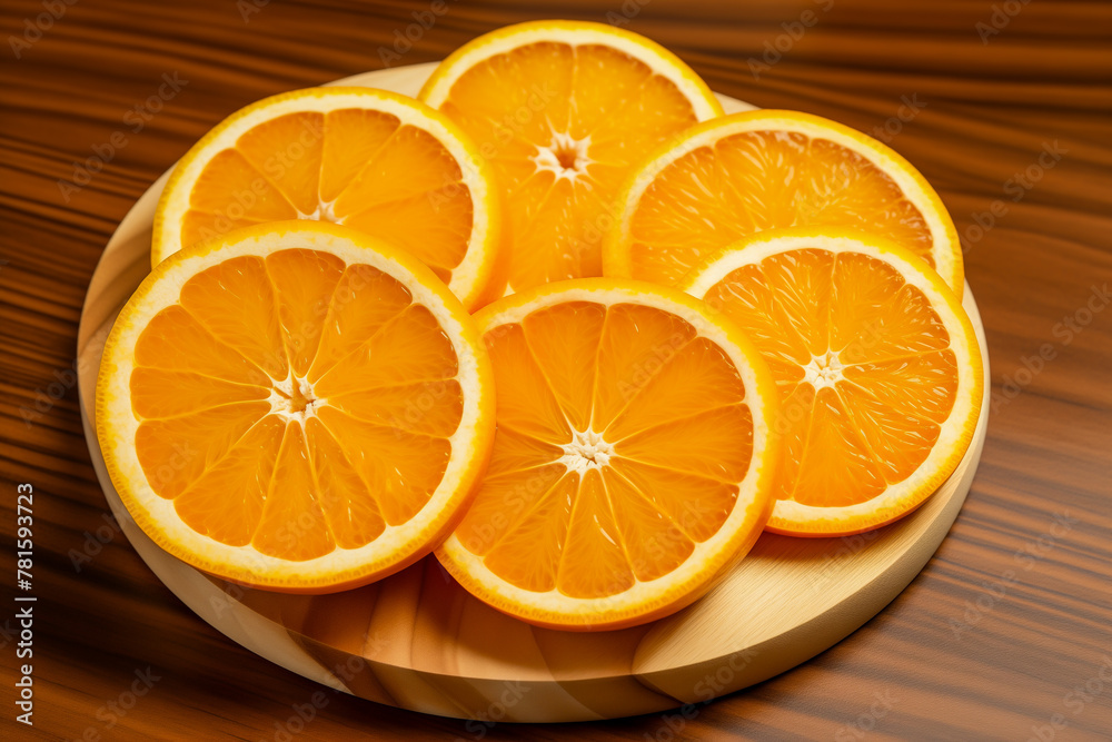 Fototapeta premium Fresh orange slices on wooden table, closeup. Citrus fruit.