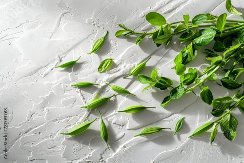 A group of green leaves spread out on a white surface, creating a natural and fresh composition with a touch of simplicity photo
