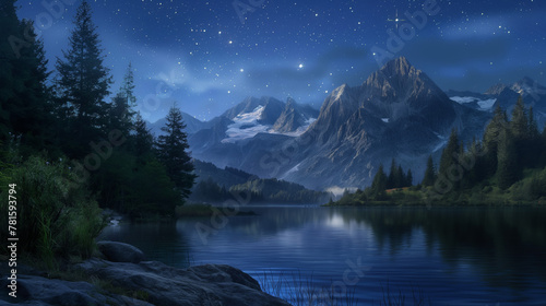 A serene night-scape showcasing a tranquil lake with reflections of a starry sky and towering mountain backdrop