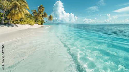 Serene beach scene with crystal clear turquoise water gently lapping against white sandy shore, flanked by lush palm trees under a bright blue sky with fluffy clouds