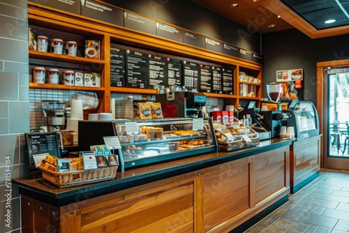 A high angle shot of a bustling coffee shop counter filled with an array of coffee options