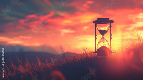 A captivating hourglass sits in a field, illuminated by the stunning hues of a sunset, suggesting the fleeting moments captured in time's endless flow