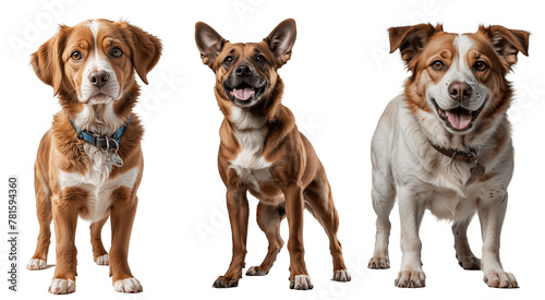Three mixed-breed dogs standing against a transparent background