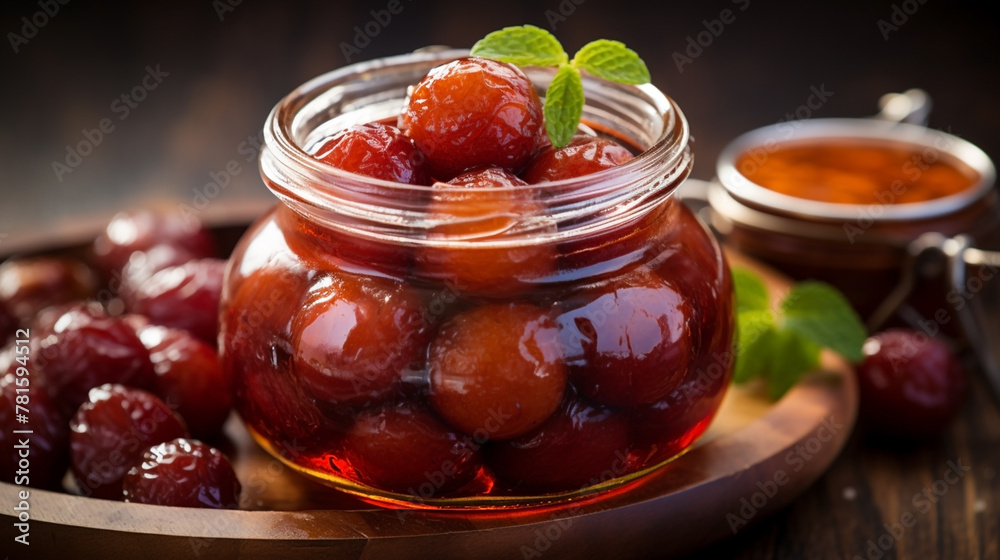 wide top view background of Indian sweets, clear glass jar full of Gulab jamun and sugar syrup banner image in dark color table wide top view background of Indian sweets, clear glass jar full of Gulab jamun and sugar syrup banner image in dark color table