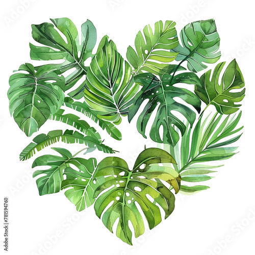 watercolor painting of jungle leaves in shape of a heart isolated against transparent background