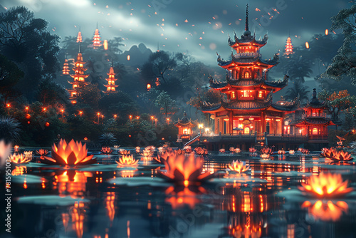 Illuminated traditional pagodas by a lake with floating lotus lanterns, suitable for festivals and cultural themes. Vesak Day greeting card.
