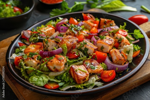 A plate of grilled shrimp, assorted vegetables, and sumac-dressed fattoush salad, showcasing a delicious and colorful meal