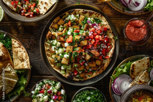 A variety of different types of food is displayed on a table, including Sumac-Dressed Grilled Fattoush with Sweet Onion