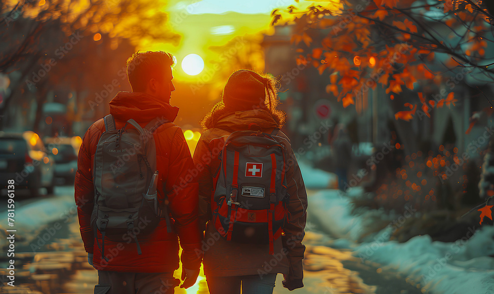 Obraz premium Medical volunteers man and woman holding hands against sunset background