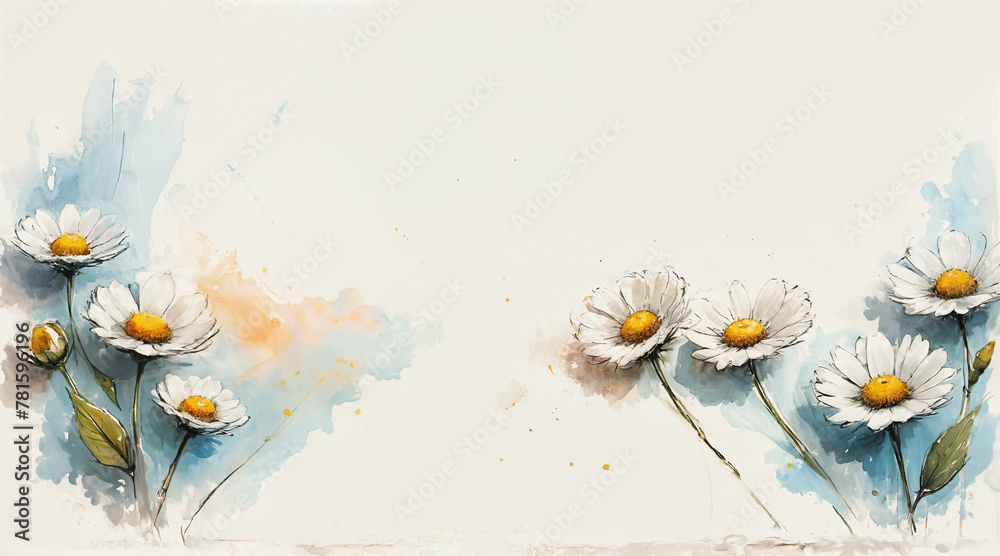 Watercolor like sketch illustration of delicate white daisy flowers in bloom on a minimal background - delightful spring environment and nature art. - obrazy, fototapety, plakaty 