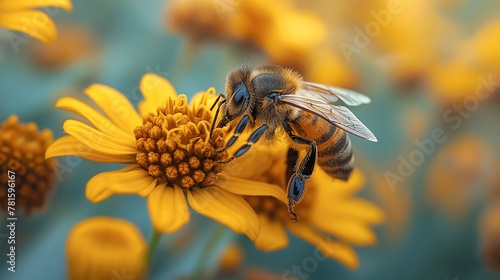 Honey bees collect nectar from dandelion flowers in the summertime. Useful photo for design or web banner  Generate AI