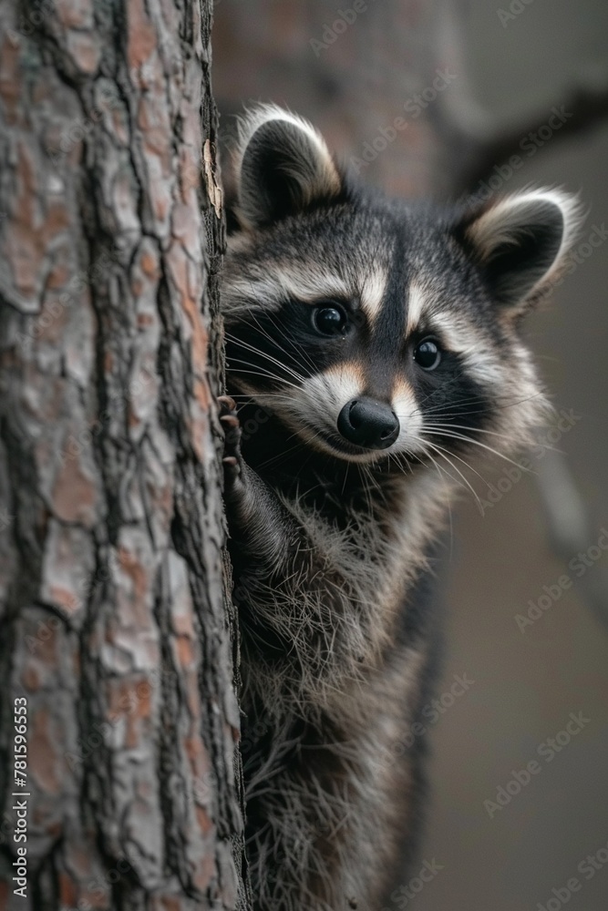 Describe the adorable curiosity of a baby raccoon peeking out from behind a tree, its masked face full of wonder