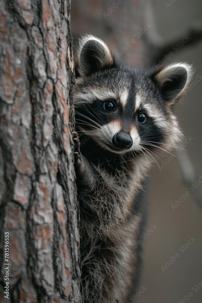 Describe the adorable curiosity of a baby raccoon peeking out from behind a tree, its masked face full of wonder Describe the adorable curiosity of a baby raccoon peeking out from behind a tree, its masked face full of wonder