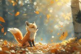 Describe the playful antics of a baby fox pouncing on fallen leaves in a sun-dappled forest clearing