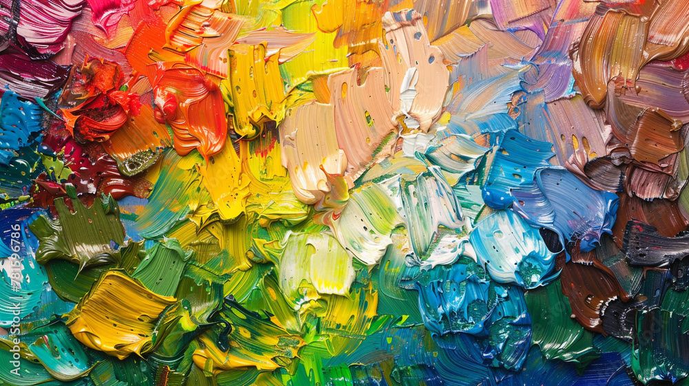 Top-down view of a paintbrush palette filled with a rainbow of colors, inviting artistic experimentation.